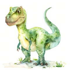 Fototapeta premium Playful green dinosaur in watercolor style