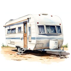 Vintage caravan parked on sandy ground, bathed in sunlight