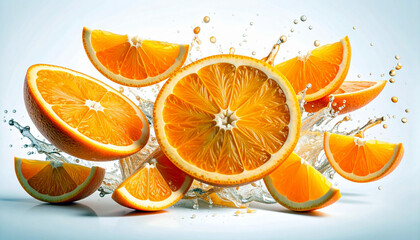 Fresh orange slices with refreshing water splashes for vibrant summer drinks advertising or healthy breakfast promotions, highlighting natural citrus flavor