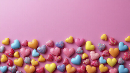 Obraz premium Colorful heart shaped candies scattered on pink background create playful and cheerful Valentine Day border with vibrant yellow, blue, pink, orange, and purple tones