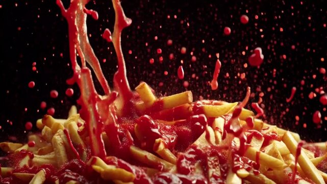 Dynamic fast food action video of french fries with ketchup splashing in a vibrant red explosion against dark background, perfect for food content