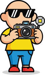 Fototapeta premium Cartoon Man Wearing Sunglasses Holding Camera With Flash Ready To Take Picture
