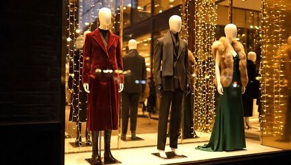 Mannequins Displaying Elegant Fashion in Boutique Window at Night