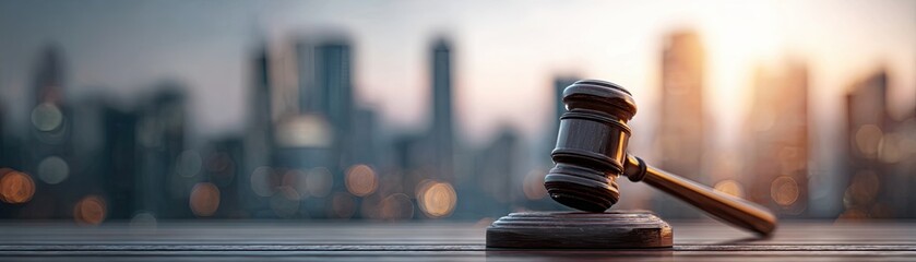 Obraz premium A gavel rests on a wooden surface, with a blurred city skyline in the background, symbolizing justice and law.