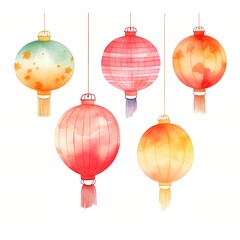 Five watercolor lanterns hanging decoratively