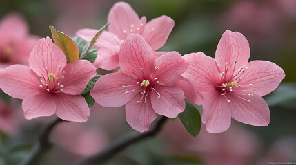 Obraz premium Serene display of blooming pink flower with delicate petals and visible veins, surrounded by green leaves and soft blurred background creating peaceful natural scene