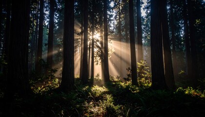 Sunlight streams through redwood forest