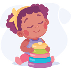 Cute Toddler Girl With Eyes Closed Playing With A Colorful Stacking Toy Ring On A Transparent Background