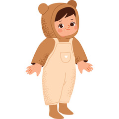 Cute Toddler Wearing A Brown Bear Costume With Beige Overalls And A Heart Pocket Smiling Happily With Open Hands And A White Transparent Background