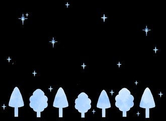 Watercolor style snowy forest at night cute background illustration