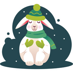 Cute White Rabbit Wearing Green Winter Hat and Scarf Isolated on Dark Background with Falling Snowflakes Festive Holiday Character