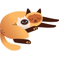 Cute Siamese Cat Sleeping Comfortably Embracing a Small Robot Character on a Transparent Background Warm and Peaceful Scene