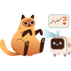 Cute Siamese Cat Wearing a Cozy Hoodie Interacting With a Friendly Robot Displaying Health Data On A Transparent Background