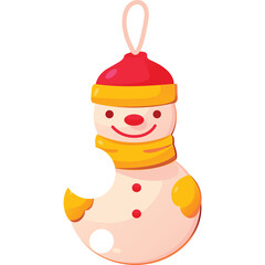 Cute Snowman Christmas Ornament with Red Hat Yellow Scarf and Button Details on Transparent Background