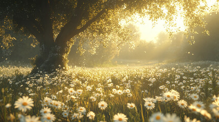 Obraz premium Serene meadow filled with blooming white daisy flowers under large tree with sunlight filtering through leaves, creating peaceful and warm atmosphere