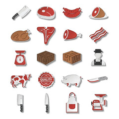 Collection of butcher shop elements showcases various cuts of meat and tools on white surface, representing food industry and culinary arts.