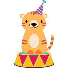 Cute Tiger Cub Wearing Party Hat Sits on a Circus Platform with Colorful Decorations in a Studio Setting