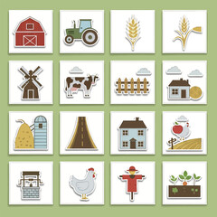 Farm themed stickers depicting barn, tractor, wheat, windmill, cow, fence, house, silo, road, chicken, scarecrow and garden representing rural life and agriculture.
