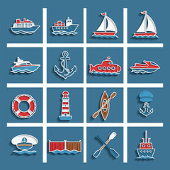Various nautical vessels and symbols arranged on a blue grid representing maritime transport and seafaring adventures, evoking a sense of exploration and travel.