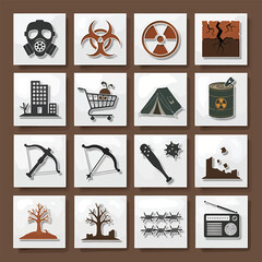 Collection of disaster preparedness symbols and signs displayed on white tiles, representing survival, emergency, and resilience in a postapocalyptic world.