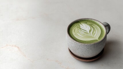 Delicious matcha latte with intricate latte art in a cozy café setting on a light marble table