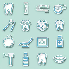Collection of dental care items arranged on a light blue surface representing oral hygiene and health, promoting a clean and healthy lifestyle.
