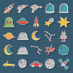 Collection of space themed stickers float against a dark blue backdrop, evoking a sense of childhood wonder and cosmic exploration.