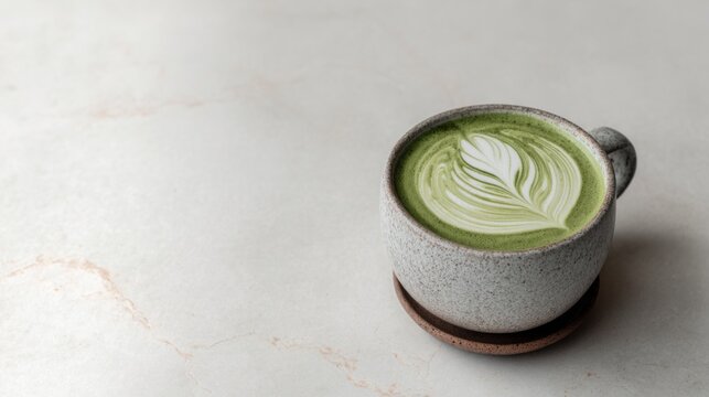 Delicious matcha latte with intricate latte art in a cozy caf&eacute; setting on a light marble table