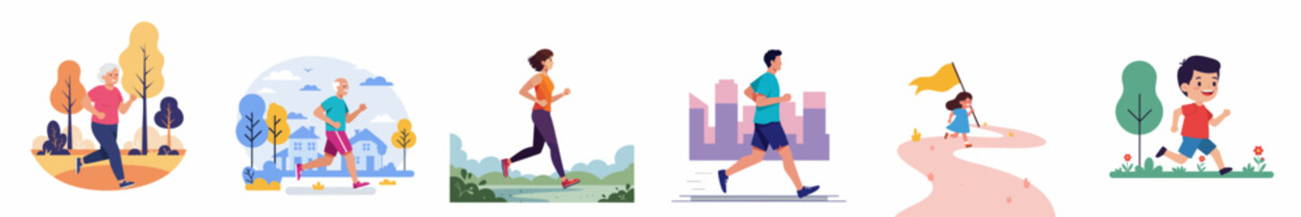 Flat Illustration Diverse People Running in Nature for Health and Wellbeing
