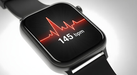 Close-up of a smartwatch displaying a heart rate monitor reading 145 bpm
