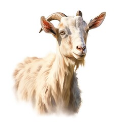 Fototapeta premium Portrait of a graceful goat with curved horns, creamy white coat, and expressive eyes