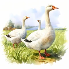 Three white geese standing in lush green grass near a calm body of water