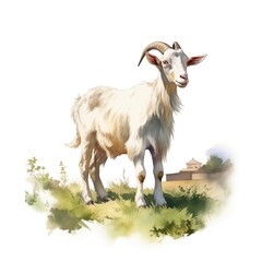 Obraz premium White goat standing in a field near a stone building