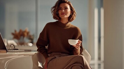 Elegant businesswoman pauses during workday to savor coffee in bright modern office, relaxed and thoughtful, focusing on success and future goals