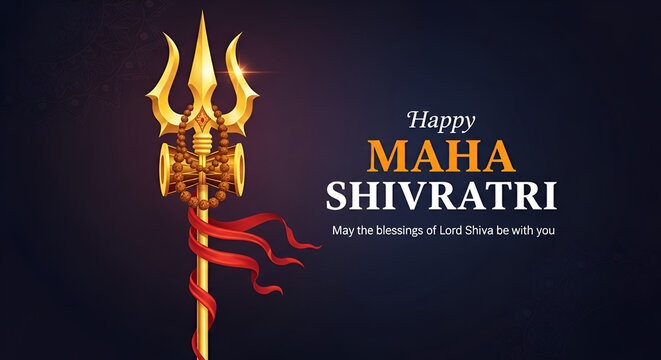 Greeting card with trishula (trident) and rudraksha (beads) for Maha Shivratri, a Hindu festival celebrated of Lord Shiva. Vector illustration.