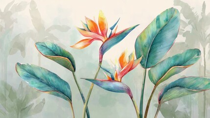 A vibrant watercolor painting of a tropical bird of paradise flower with large green leaves and vibrant orange and yellow petals, set against a soft, 