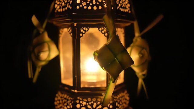 Close-up of a decorative metal lantern emitting a warm orange glow, adorned with intricately woven diamond-shaped palm leaf parcels, creating a festive and atmospheric night scene.