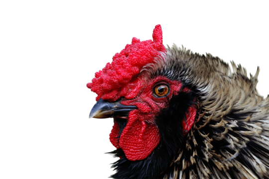 Rooster close-up with vibrant red comb isolated - transparent background 