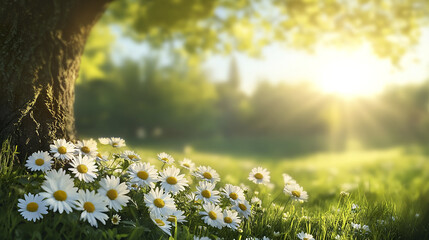 Peaceful field of white daisies with yellow centers grows beside large tree trunk, bathed in warm sunlight and surrounded by lush green grass and soft focus foliage