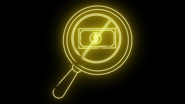 A neon yellow magnifying glass icon over a money bill crossed out on a black background