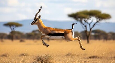A gazelle captured mid-jump across dry savannah grassland, with acacia trees and a warm desert background.