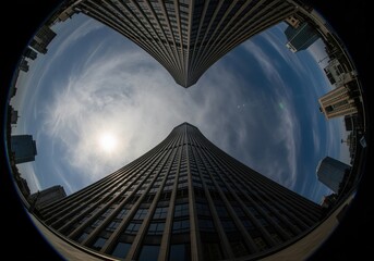 Fisheye perspective of modern skyscrapers reaching towards the sunlit sky