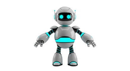 Friendly Silver Robot Character Standing with Open Arms - Futuristic Mascot for Technology Innovation and Artificial Intelligence Concepts in a Clean Studio Set