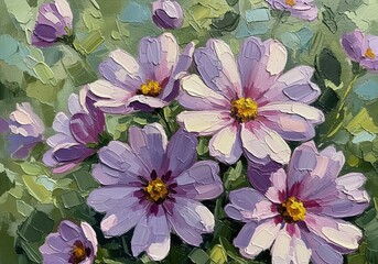 Obraz premium Macro impressionist oil painting of vibrant purple flowers with thick brushstrokes
