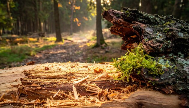 Sunlit forest scene with fallen log and moss
