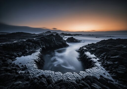 Twilight seascape with dark volcanic rock formations and misty long exposure water