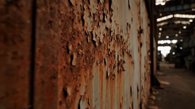 Gritty cinematic dolly shot moving parallel to a heavily corroded industrial metal wall, highlighting its rough, distressed texture, flaking paint, and deep rust patterns gritty, hard, factory