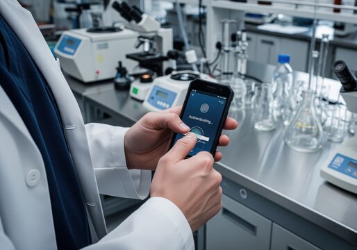 Scientist authenticating smartphone with fingerprint in a high tech research laboratory