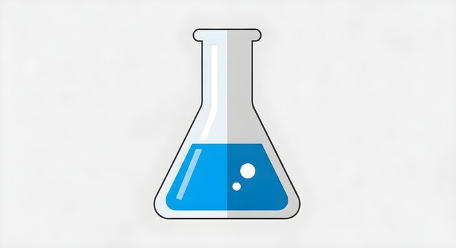 A flat design vector icon of a chemistry lab flask with a blue bubbling liquid. A simple scientific research symbol isolated on a white background