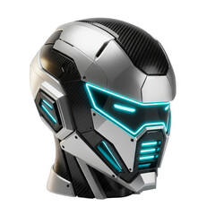 Futuristic Silver Helmet with Neon Blue Lights and Carbon Fiber Accents - Sci-Fi Armor for Cyberpunk Characters Gaming or Technology Concepts